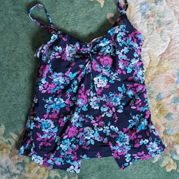 LANDS' END Women Sz 12 Tankini Blue Purple Floral Swim Wire Bra Slimming Tummy - Picture 1 of 5